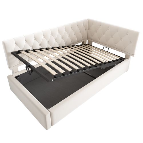 Lit Coffre 90x190 Cm Velours Beige Avec Rangement Hydraulique Et Cadre Métallique Stable