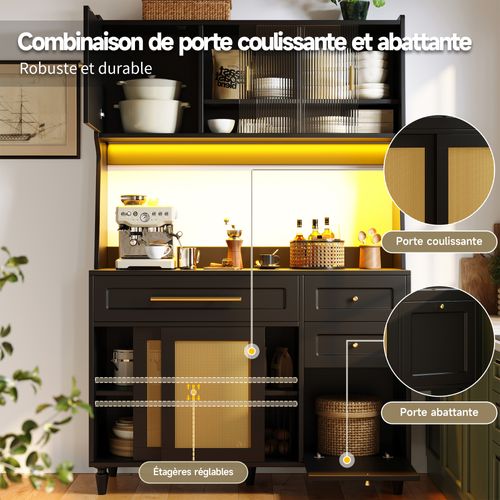 Buffet De Cuisine 120x45x195,5cm, Buffet Haut, 3 Tiroirs, 6 Portes, LED, Mdf+aggloméré, Noir+bois