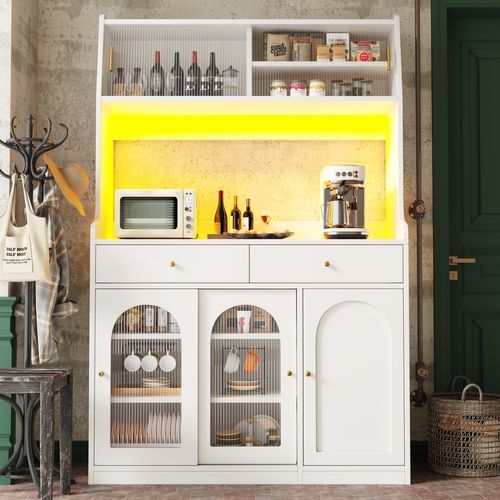 Buffet De Cuisine 120x40x180cm, Buffet Haut, Portes Coulissantes En Verre , LED, Mdf, Blanc