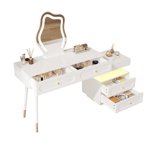 Coiffeuse 140x40x130cm, Meuble Latéral, 4 Tiroirs, Miroir, LED, Moderne, Aggloméré, Blanc