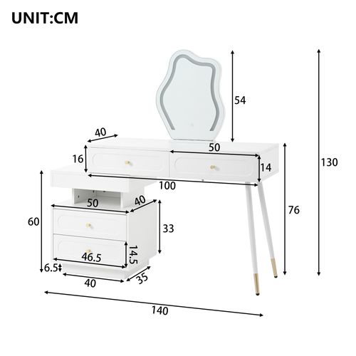 Coiffeuse 140x40x130cm, Meuble Latéral, 4 Tiroirs, Miroir, LED, Moderne, Aggloméré, Blanc