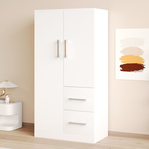 Armoire 70x40x135cm, 2 Portes, 2 Tiroirs, Design Simple, Moderne, Bois, Blanc