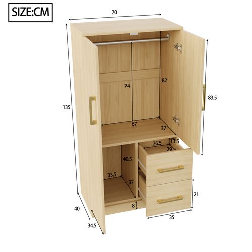 Armoire 70x40x135cm, 2 Portes, 2 Tiroirs, Design Simple, Moderne, Bois, Couleur Bois