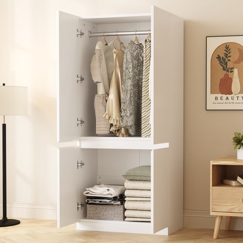 Armoire 70x40x170cm, 4 Portes, 2 Niches, Moderne,  Design Simple, Bois, Blanc