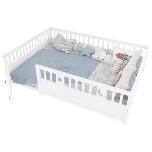 Lit Enfant, 140x190cm, Avec Barrières De Sécurité, Décorations Étoiles Et Lune, Sans Sommier, Blanc