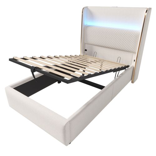 Lit Coffre Adulte 90x200cm, Avec Éclairage LED, Espace De Rangement, Port USB/type-c, Lin, Beige