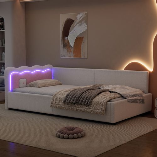 Lit Enfant, 90x200cm, Avec Éclairage D'ambiance LED Télécommandé, Tissu Imitation Laine, Blanc.