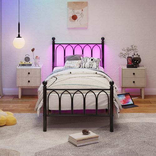 Lit Enfant 90x200cm, Lit Simple, Avec Lumières LED Et Chargement USB, Cadre De Lit En Métal, Noir