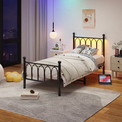 Lit Enfant 90x200cm, Lit Simple, Avec Lumières LED Et Chargement USB, Cadre De Lit En Métal, Noir