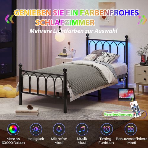 Lit Enfant 90x200cm, Lit Simple, Avec Lumières LED Et Chargement USB, Cadre De Lit En Métal, Noir