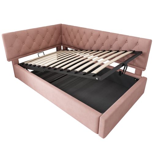 Lit Coffre Enfant 90x190cm, Lit De Repos Avec Rangement Hydraulique, Velours, Rose