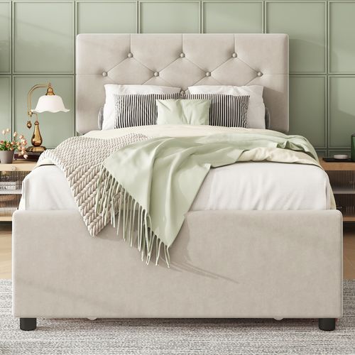 Lit Enfant 90x200cm, Lit Gigogne 90x190cm, Sommier à Lattes, Velours, Beige