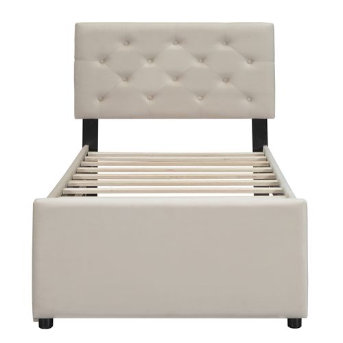 Lit Enfant 90x200cm, Lit Gigogne 90x190cm, Sommier à Lattes, Velours, Beige