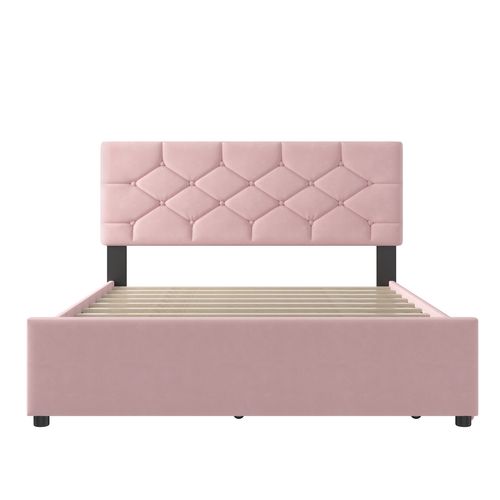 Lit Enfant 140x200cm, Lit Gigogne 90x190cm, Sommier à Lattes, Velours, Rose