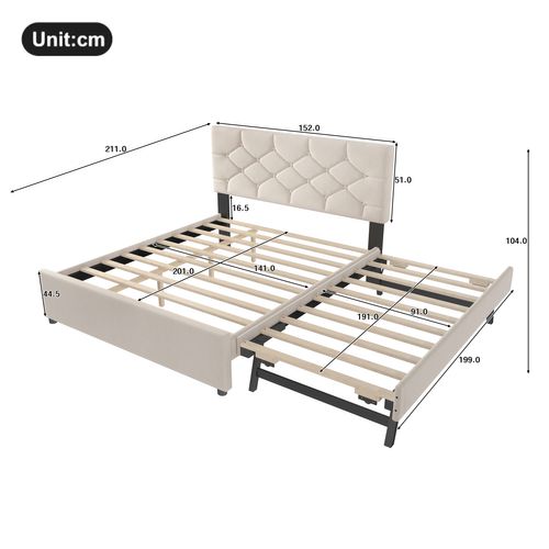 Lit adulte 140x200 cm avec 1 lit gigogne 90x190 cm, Sommier et tête de lit, Velours, Beige