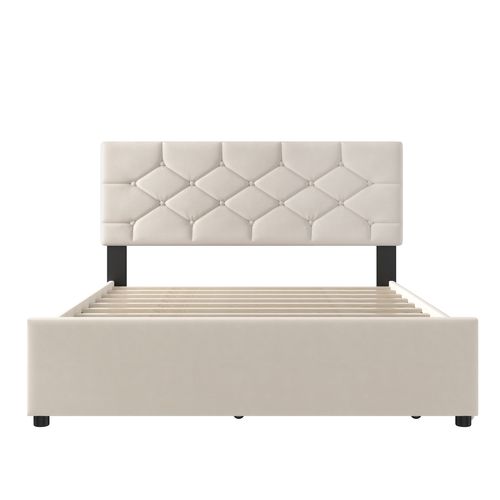 Lit adulte 140x200 cm avec 1 lit gigogne 90x190 cm, Sommier et tête de lit, Velours, Beige