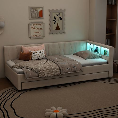 Lit Enfant 90x200 cm Avec Lit Gigogne 90x190 cm, Lumière LED Et Interface USB + Type-c, Lin, Beige