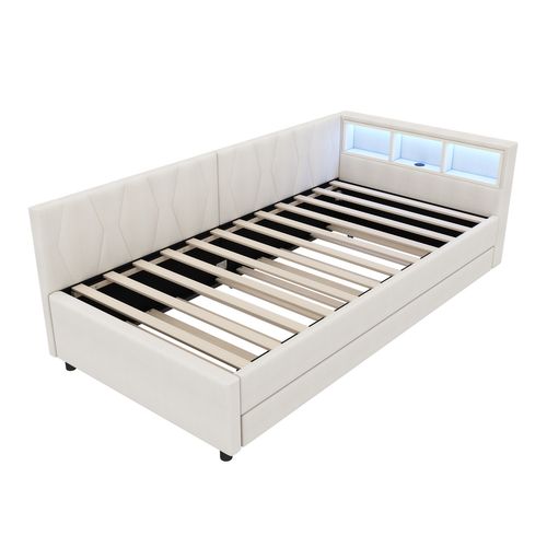 Lit Enfant 90x200 cm Avec Lit Gigogne 90x190 cm, Lumière LED Et Interface USB + Type-c, Lin, Beige