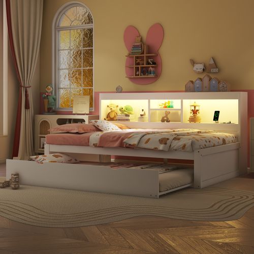 Lit Enfant 90x200cm, Lit Gigogne 90x190cm, LED, Prise Électrique + USB, Blanc