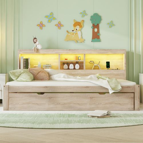 Lit Enfant 140x200cm, Lit Gigogne 90x190cm, LED, Prise Électrique + USB, Coloris Bois