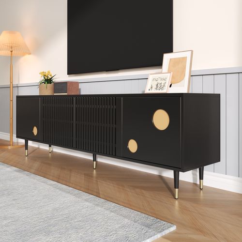 Meuble TV Noir 170cm Élégant Avec 4 Portes, Pieds Dorés Et Système Anti-basculement