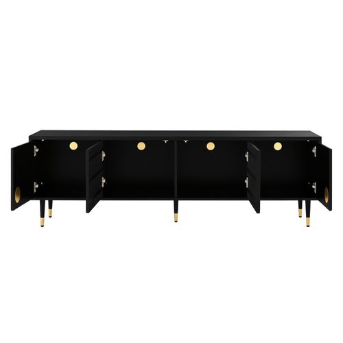 Meuble TV Noir 170cm Élégant Avec 4 Portes, Pieds Dorés Et Système Anti-basculement