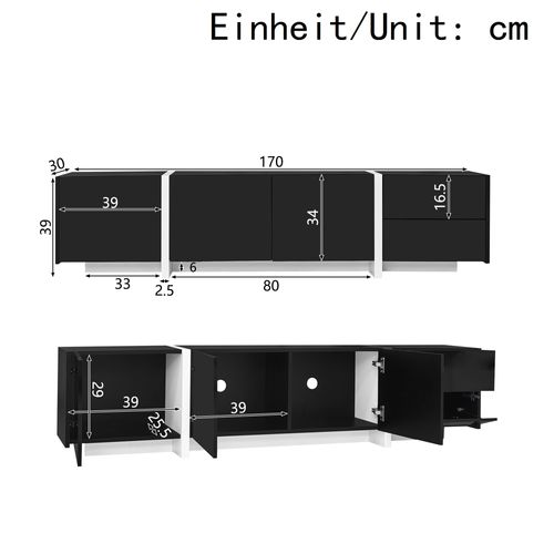 Meuble TV Noir Avec 4 Portes Et Tiroir, Rangement Pratique Et Finition Haute Brillance