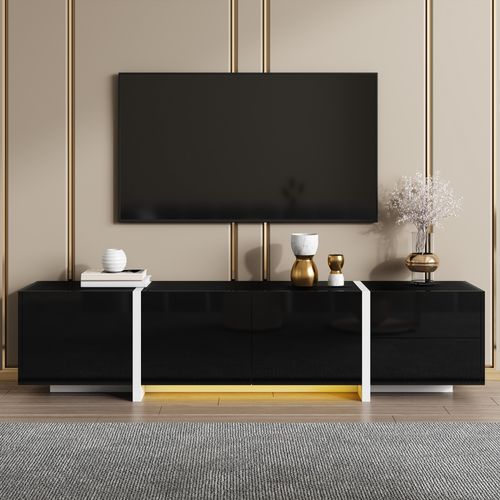 Meuble TV Noir Avec 4 Portes Et Tiroir, Rangement Pratique Et Finition Haute Brillance