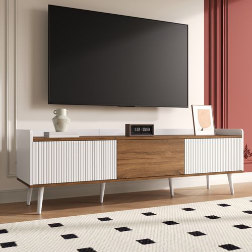 Meuble TV Blanc Et Bois Avec 3 Portes, Rangement Optimal, Pieds En Bois Robustes, Design Élégant