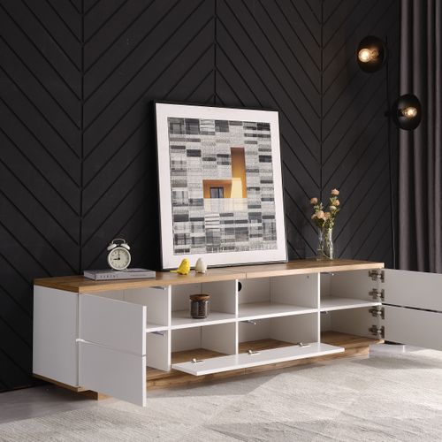 Meuble TV Moderne Avec Design L.180cm En Bois Et Blanc, 5 Portes, Rangement Pratique