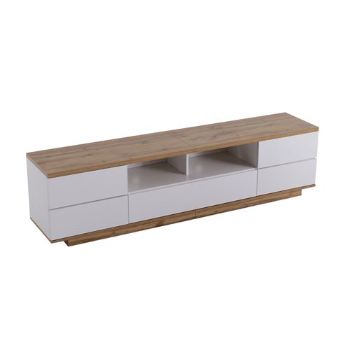 Meuble TV Moderne Avec Design L.180cm En Bois Et Blanc, 5 Portes, Rangement Pratique