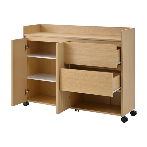 Meuble à Chaussures Bois Avec Roulettes, 2 Tiroirs Et 2 Portes, Étagères Réglables, Rangement Ouvert