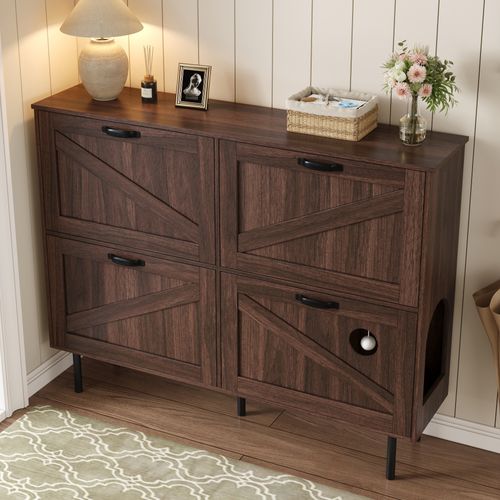 Meuble à Chaussures En Bois Foncé Avec 4 Portes Pliantes Et Espace Pour Chat