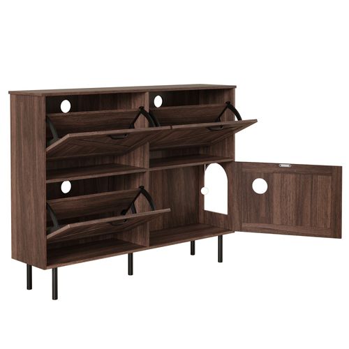 Meuble à Chaussures En Bois Foncé Avec 4 Portes Pliantes Et Espace Pour Chat