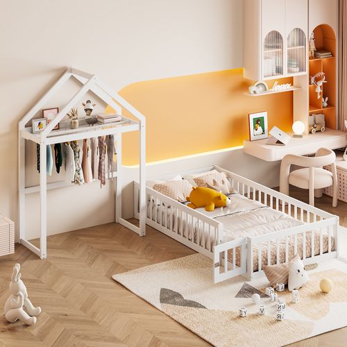 Lit Enfant 90x200 Cabane Au Sol Avec Toit, Porte Et Rangement, Barrières De Sécurité, Bois Blanc