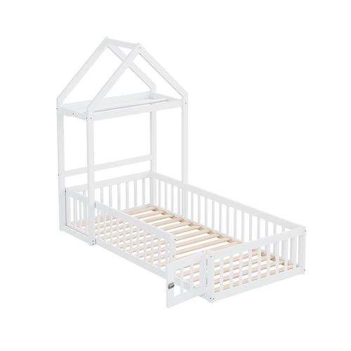 Lit Enfant 90x200 Cabane Au Sol Avec Toit, Porte Et Rangement, Barrières De Sécurité, Bois Blanc