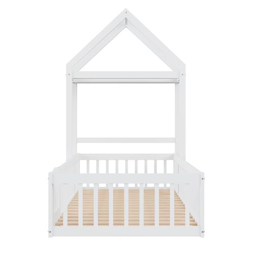 Lit Enfant 90x200 Cabane Au Sol Avec Toit, Porte Et Rangement, Barrières De Sécurité, Bois Blanc