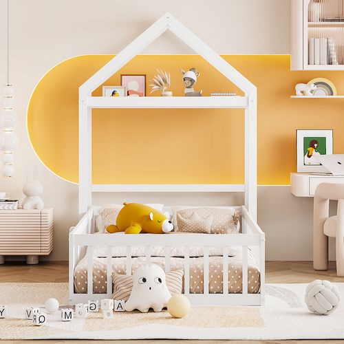 Lit Enfant 90x200 Cabane Au Sol Avec Toit, Porte Et Rangement, Barrières De Sécurité, Bois Blanc