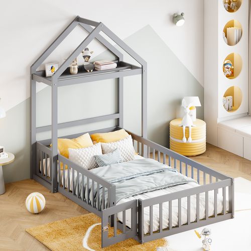 Lit Enfant 90x200 Cabane Avec Toit Modulable, Porte Et Rangement, Barrières De Sécurité, Bois Gris