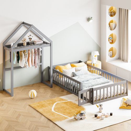 Lit Enfant 90x200 Cabane Avec Toit Modulable, Porte Et Rangement, Barrières De Sécurité, Bois Gris