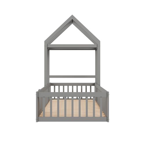 Lit Enfant 90x200 Cabane Avec Toit Modulable, Porte Et Rangement, Barrières De Sécurité, Bois Gris