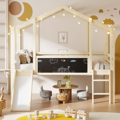 Lit Mi-hauteur Cabane 90x200 Cm Avec Échelle Et Toboggan, Tableau Blanc, En Bois, Couleur Bois