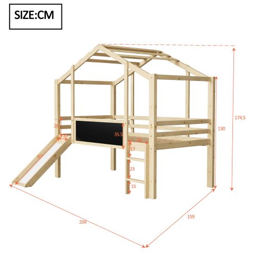 Lit Mi-hauteur Cabane 90x200 Cm Avec Échelle Et Toboggan, Tableau Blanc, En Bois, Couleur Bois