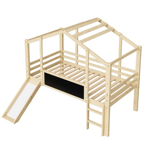 Lit Mi-hauteur Cabane 90x200 Cm Avec Échelle Et Toboggan, Tableau Blanc, En Bois, Couleur Bois