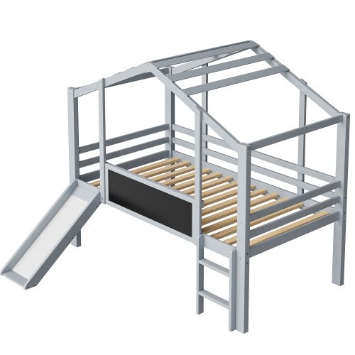 Lit Mi-hauteur Cabane 90x200 Cm Avec Échelle Et Toboggan, Tableau Blanc, En Bois, Couleur Gris