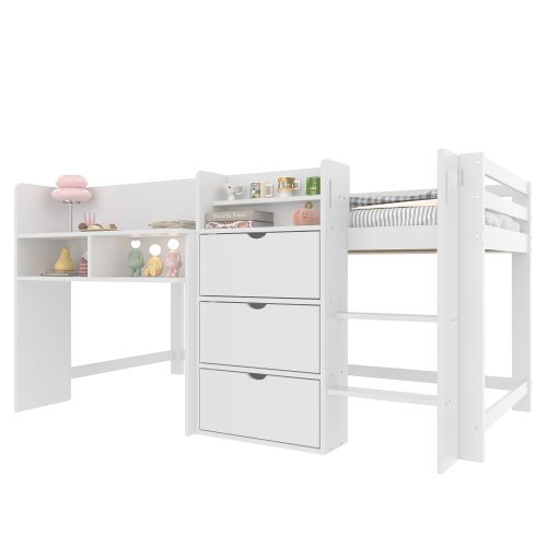 Lit Mi-hauteur 90x200 Cm, Lit Enfant Avec Rangements, Blanc