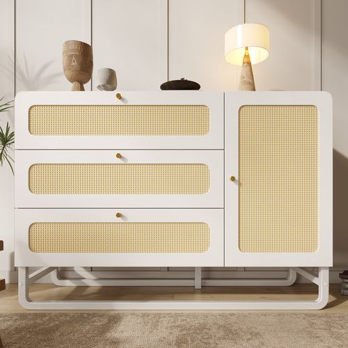 Buffet Blanc, Commode Salon Avec Rangement, Porte En Rotin Et 3 Tiroirs – Style Naturel 120 Cm