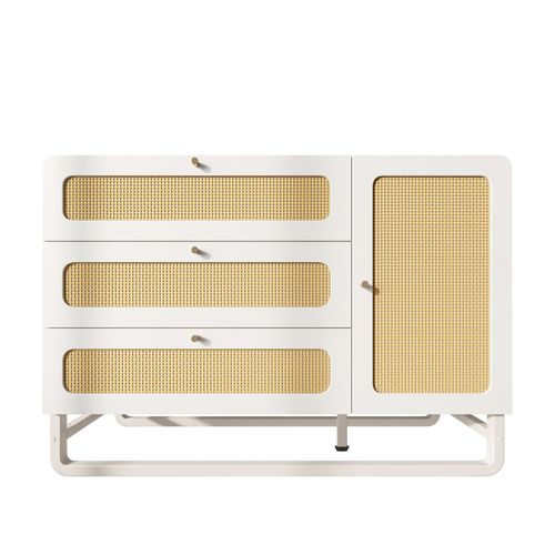 Buffet Blanc, Commode Salon Avec Rangement, Porte En Rotin Et 3 Tiroirs – Style Naturel 120 Cm