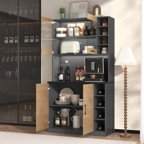 Buffet De Cuisine Haut Gris Et Bois Avec LED Et Portes Vitrées, Grand Rangement, Range-bouteilles
