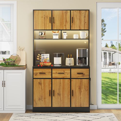 Buffet De Cuisine Haut.180cm Noir Et Naturel Avec LED Et Prises Intégrées, 3 Tiroirs Et 6 Portes